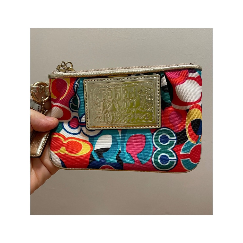 Coach Poppy Wristlet Graffiti Signature C Multi Color Gold Metallic Trim